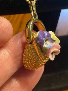 Vintage hinged flower Basket Pendant Necklace Signed Hong Kong Cottagecore 50’s